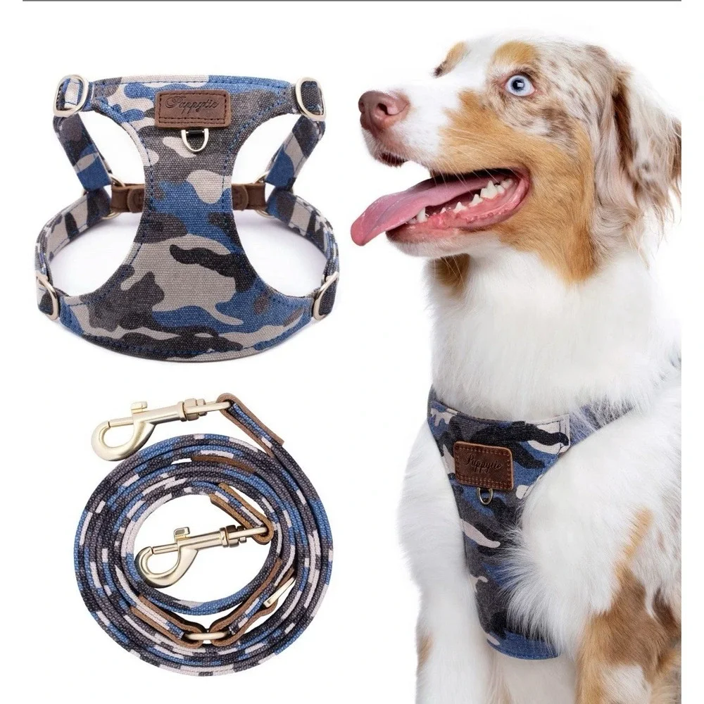 Blue Camo Canvass Dog Harness And Matching Leash By Puppies Medium
